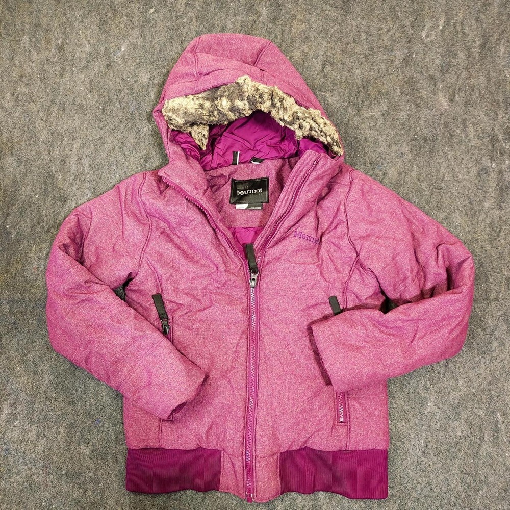 Marmot kids Pink Puffer Jacket Faux Fur Hood Winter Insulated Coat Size Medium